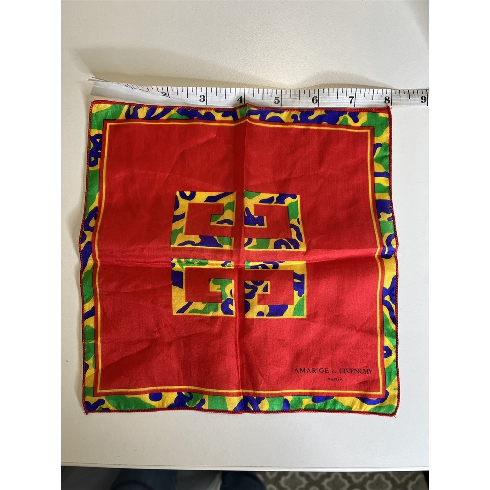 Vtg  Amarige de Givenchy Paris‎ Silk Designer Pocket Square Colorful Logo